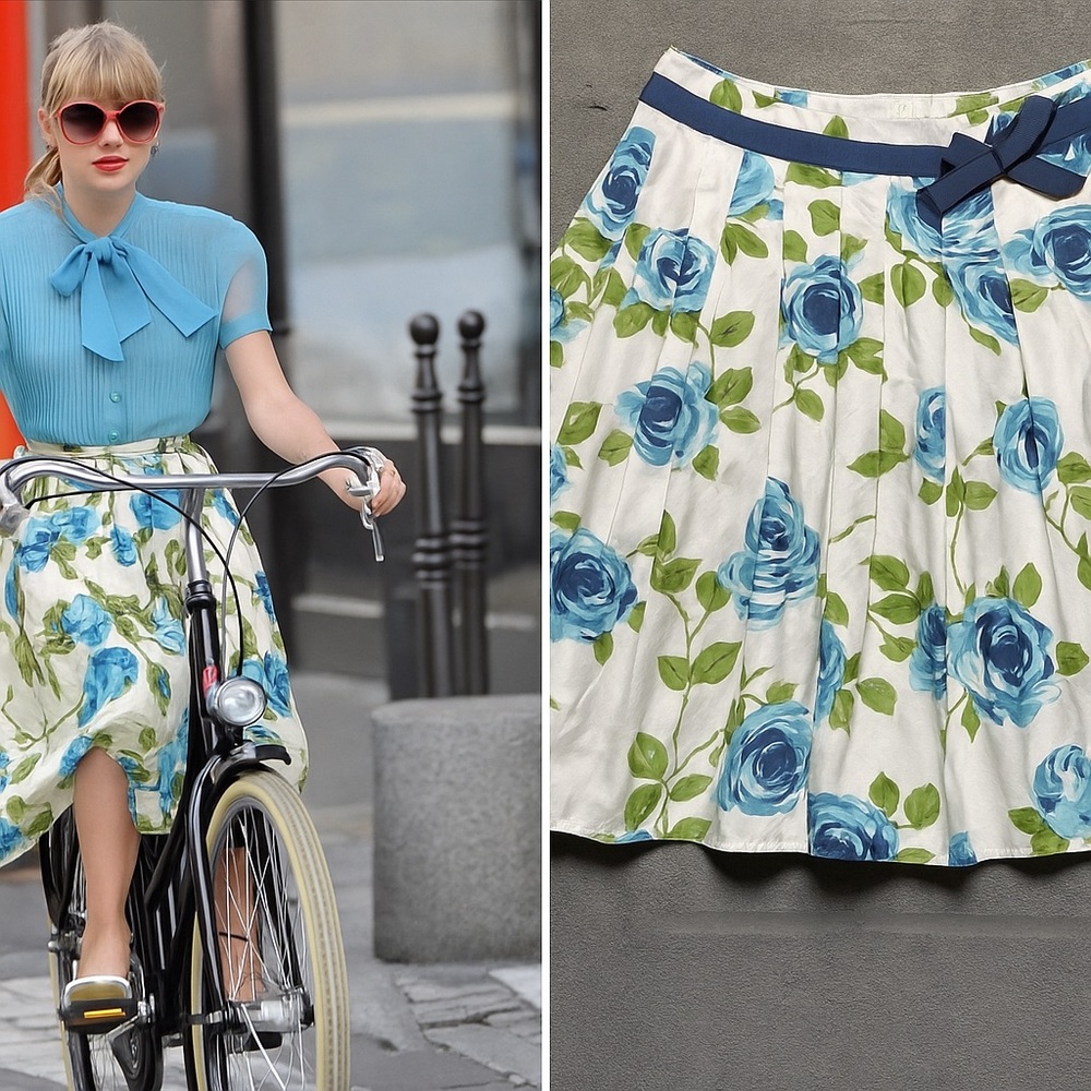 Mini Boden Girls Blue Rose Floral Skirt 11–12Y Pleated Taylor Swift Inspired